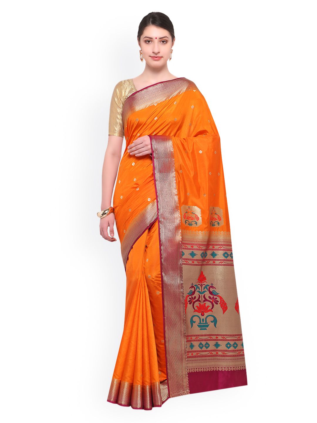 Varkala Silk Sarees Orange Woven Design Silk Blend Paithani Saree Price in India