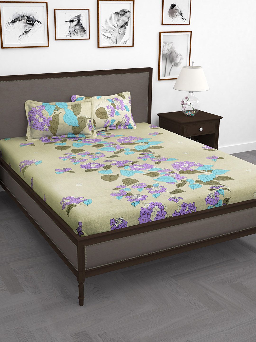 Story@home Off-White & Green Floral Flat 240 TC 1 Double Bedsheet with 2 Pillow Covers Price in India