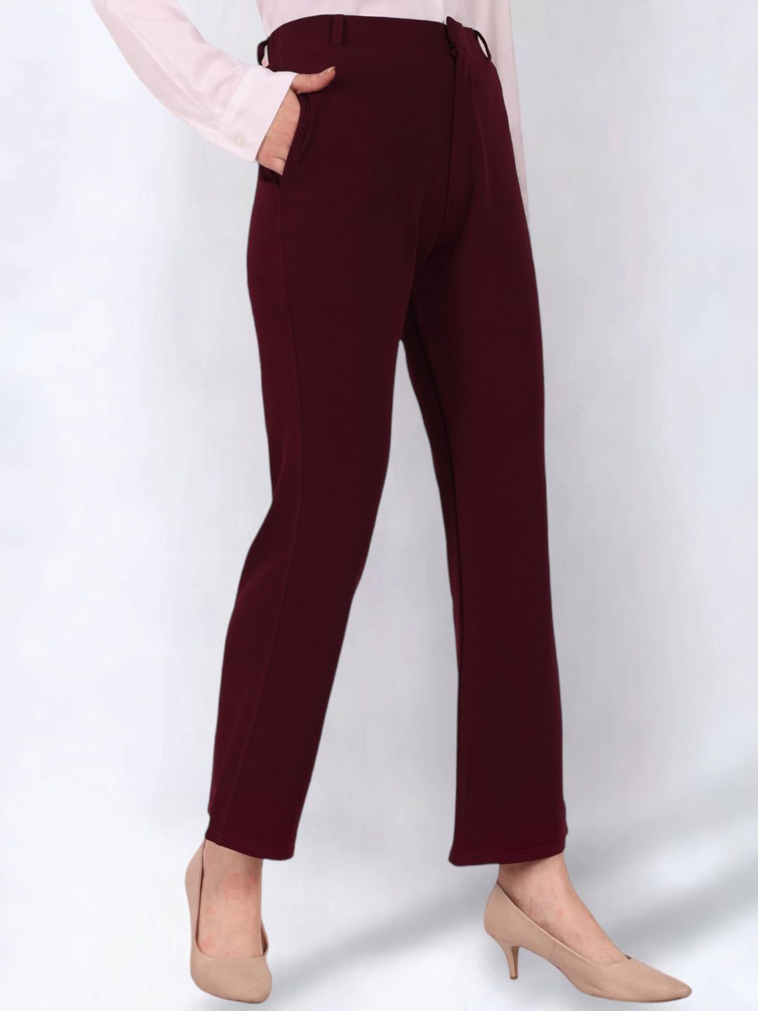 FITHUB Women Purple Relaxed Flared High-Rise Easy Wash Trousers Price in India