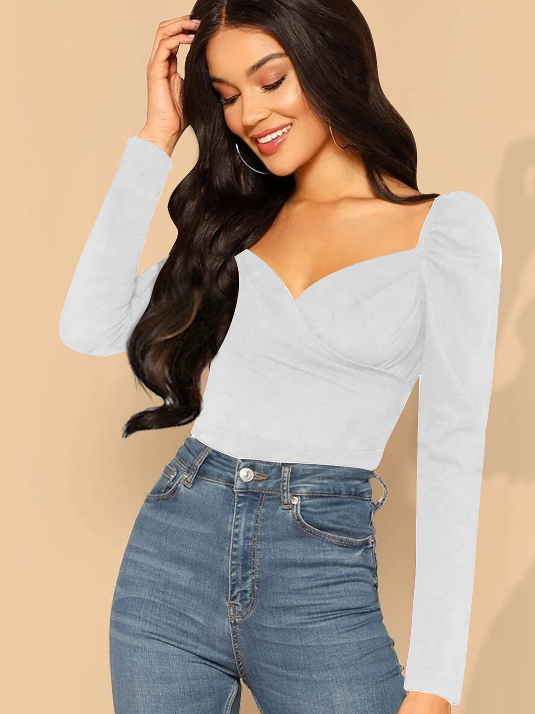 Dream Beauty Fashion White Sweetheart Neck Puff Sleeve Top Price in India