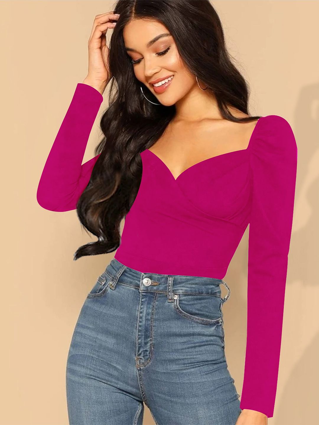 Dream Beauty Fashion Pink Sweetheart Neck Puff Sleeve Top