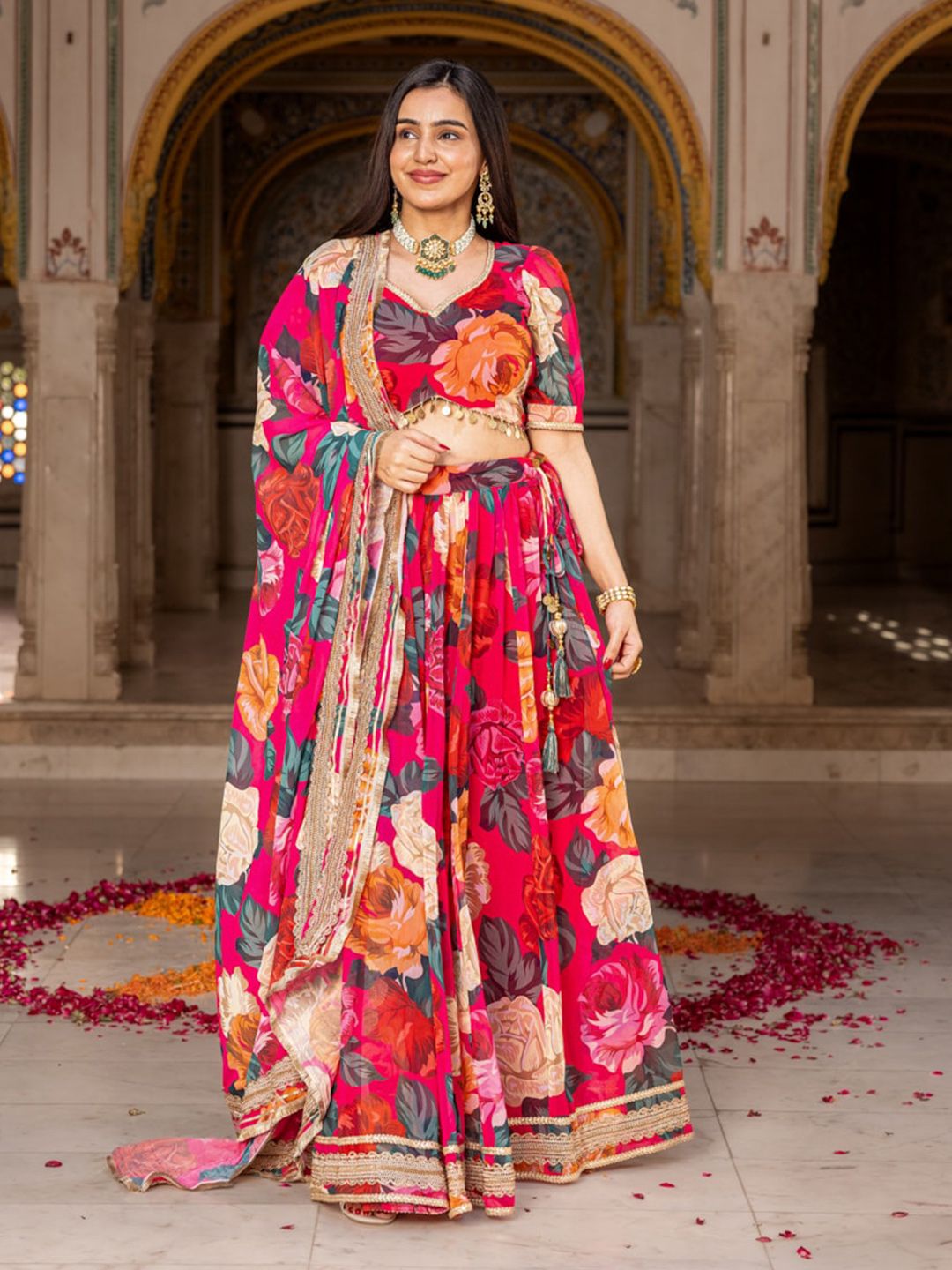 Ambraee Floral Printed Gotta Patti Ready to Wear Lehenga & Blouse With Dupatta
