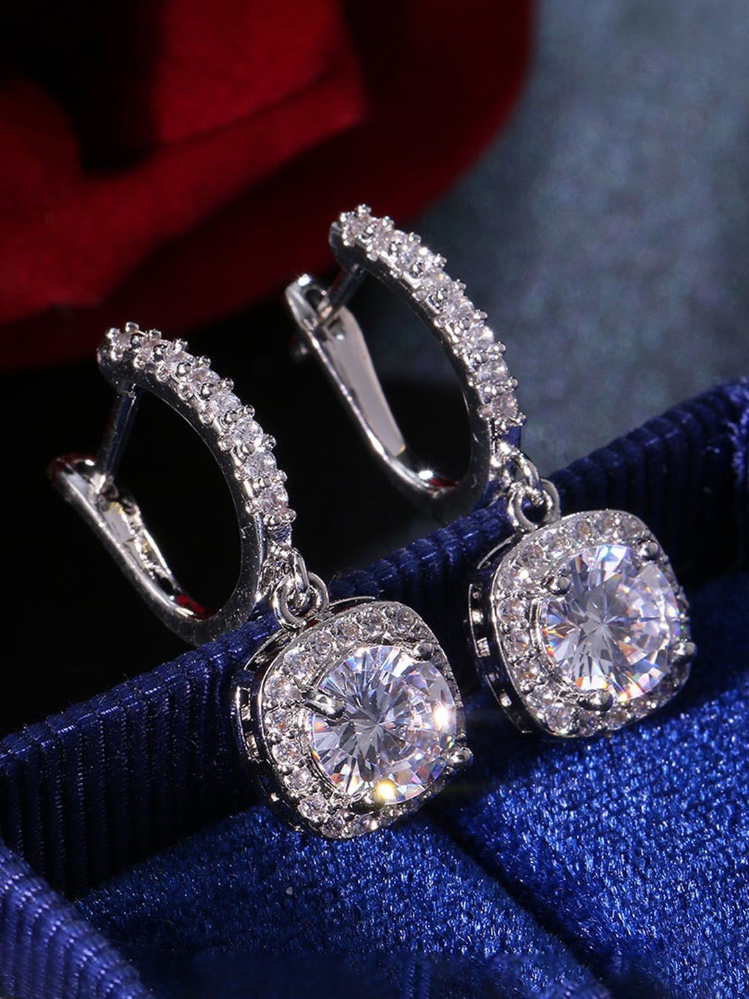 Designs & You Silver Plated American Diamond Studded Geometric Drop Earrings
