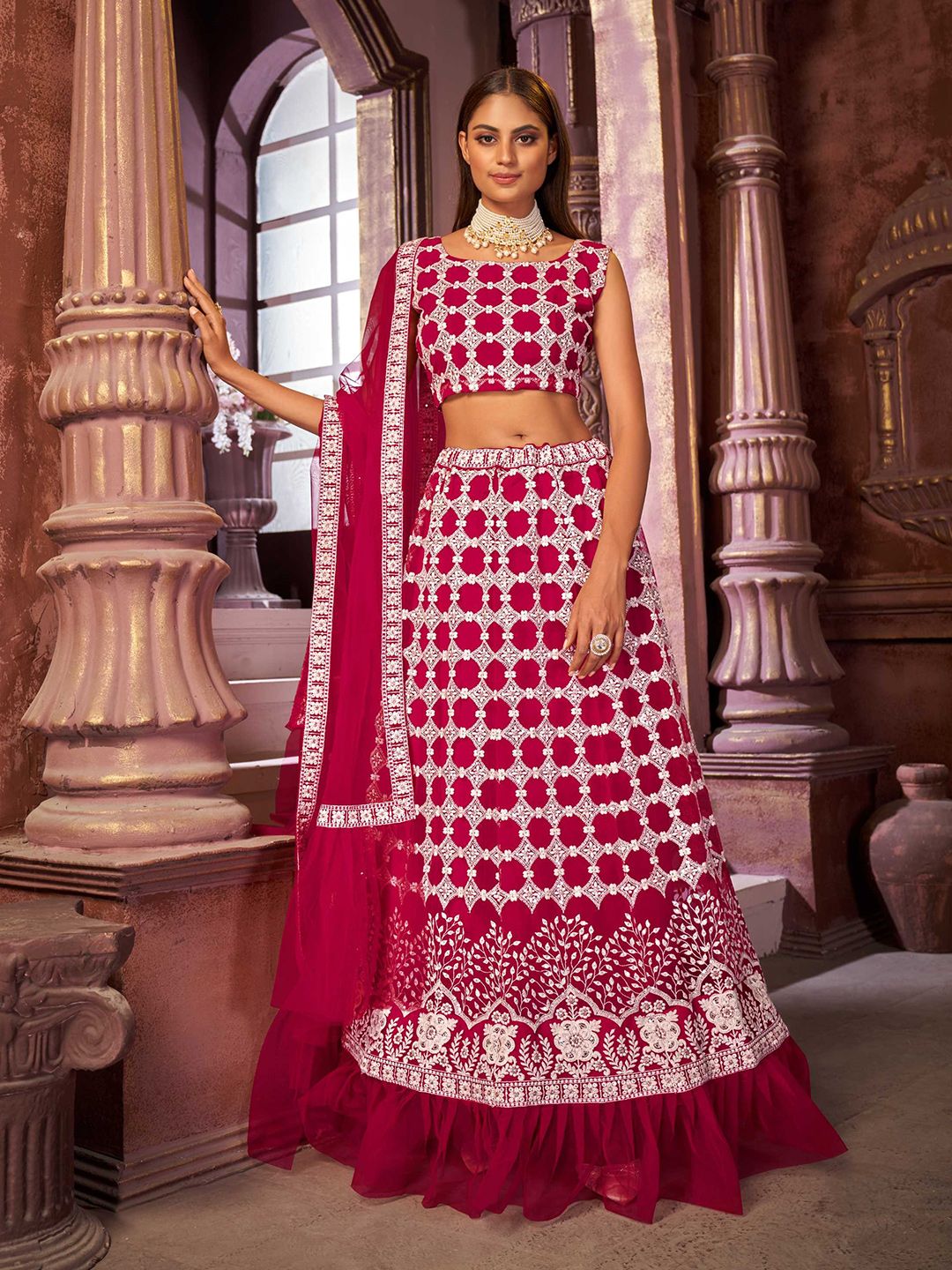 Panzora Pink & Silver-Toned Embroidered Sequinned Semi-Stitched Lehenga & Blouse With Dupatta Price in India