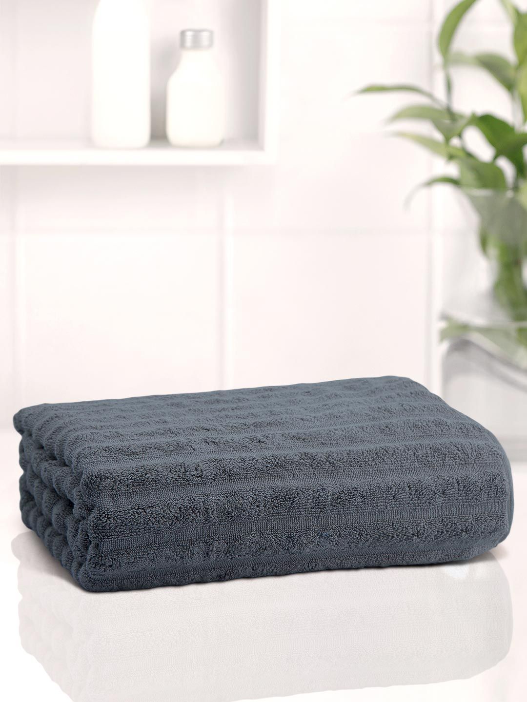Anko 1 Pcs Grey 670 GSM Pure Cotton Antibacteria Large Ribbed Bath Towel