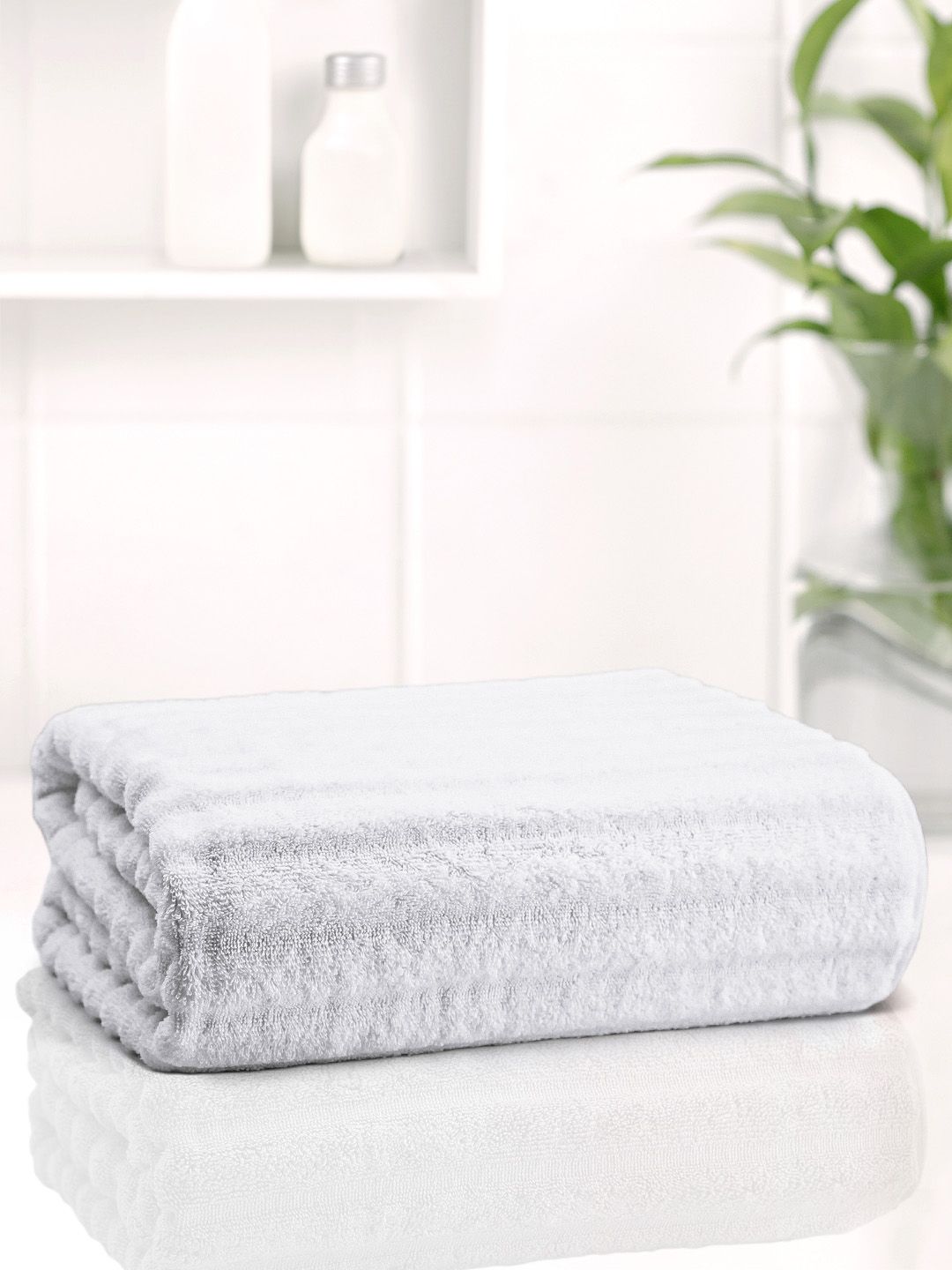 Anko 1 Pcs White 670 GSM Pure Cotton Antibacteria Large Ribbed Bath Towel