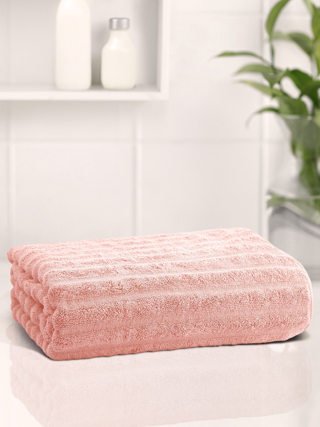 Anko 1 Pcs Pink 670 GSM Pure Cotton Antibacteria Large Ribbed Bath Towel