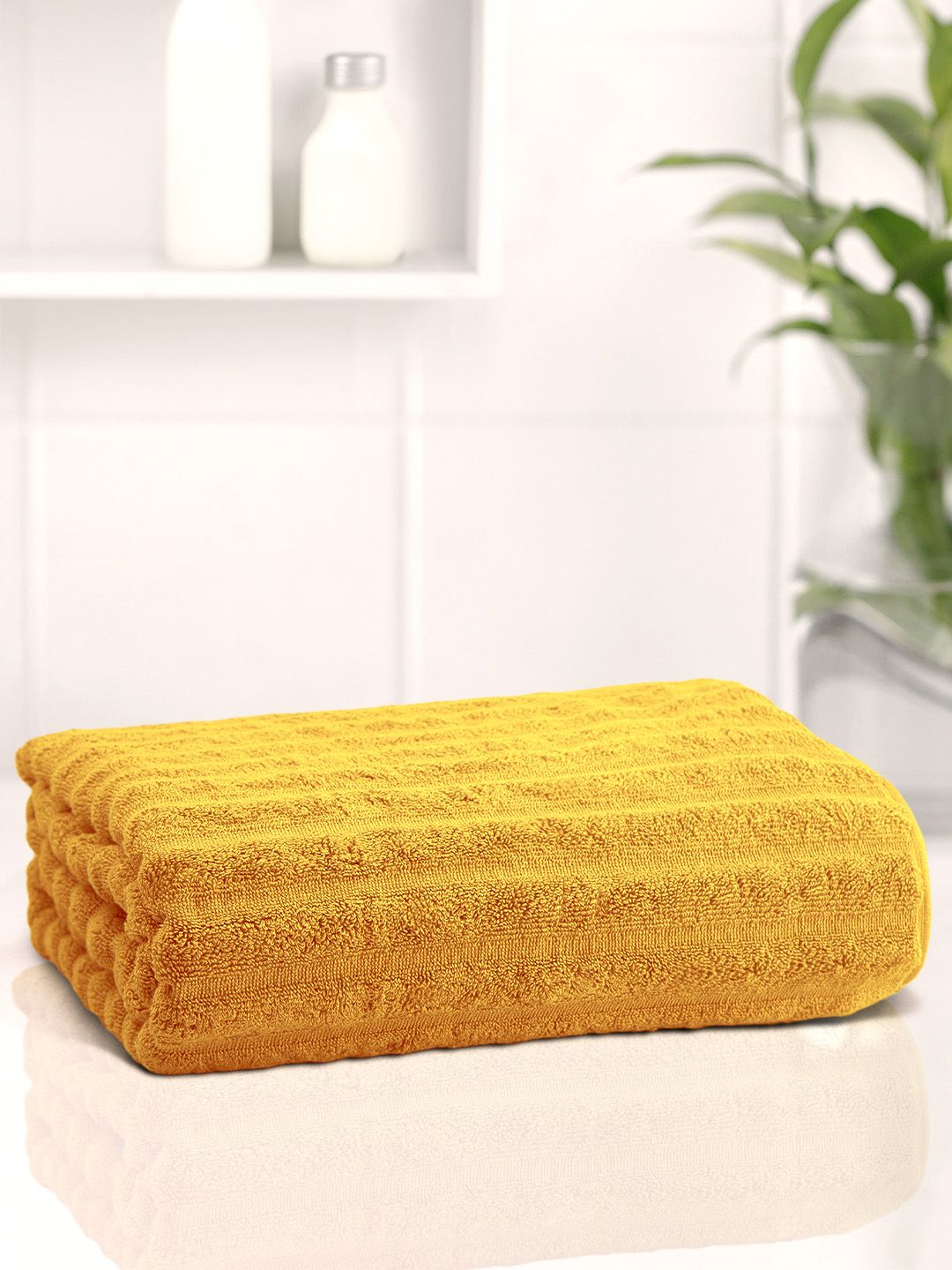 Anko 1 Pcs Mustard 670 GSM Pure Cotton Antibacteria Large Ribbed Bath Towel