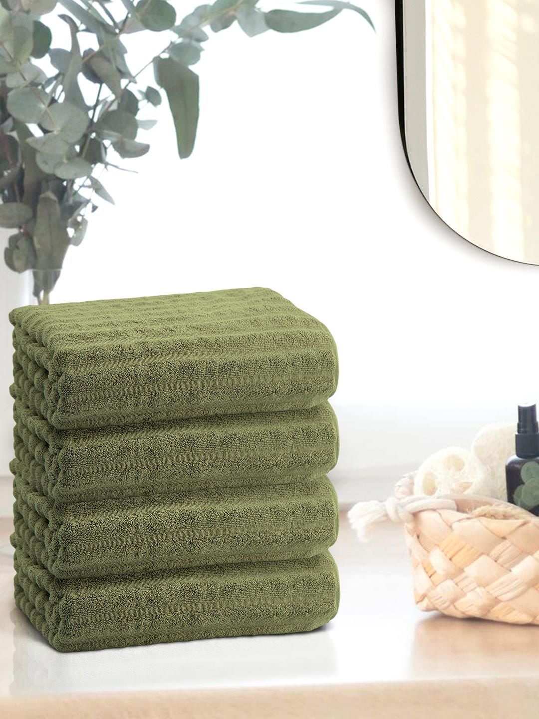 Anko Green 670 GSM  Pure Cotton Antibacteria Ribbed Texture Face Towel Set of 4