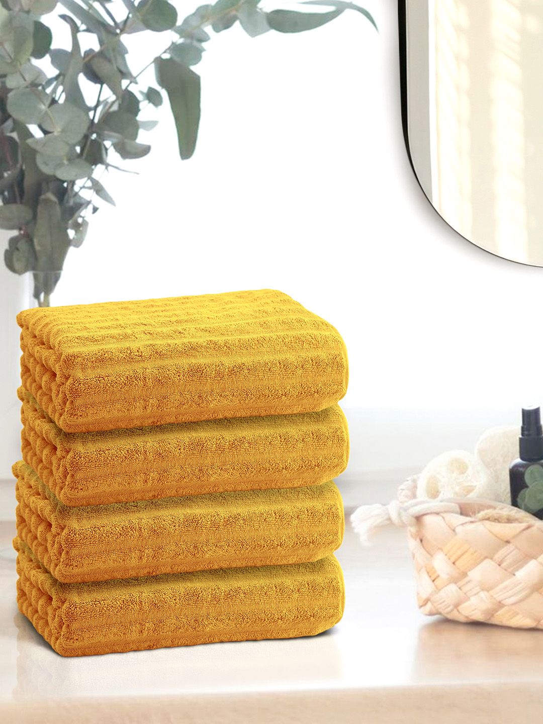 Anko Mustard 670 GSM Pure Cotton Antibacteria Ribbed Texture Face Towel Set of 4
