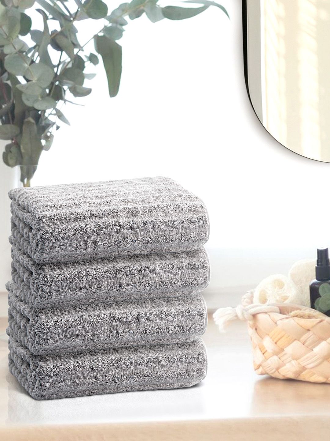 Anko Light Grey 670 GSM Pure Cotton Antibacteria Ribbed Texture Face Towel Set of 4