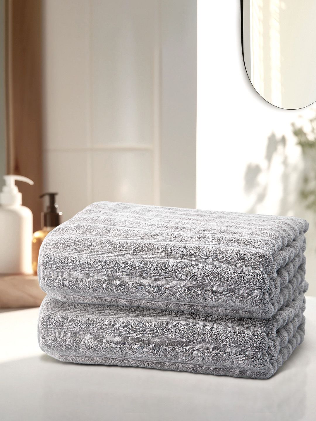 Anko Light Grey 670 GSM Pure Cotton Antibacteria Ribbed Texture Hand Towel Set of 2