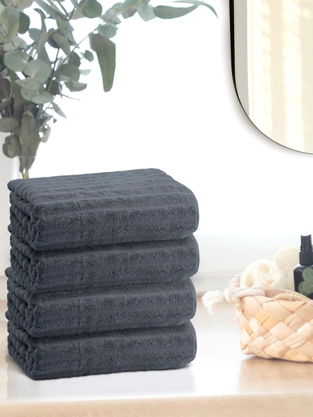 Anko Grey 670 GSM Pure Cotton Antibacteria Ribbed Texture Face Towel Set of 4