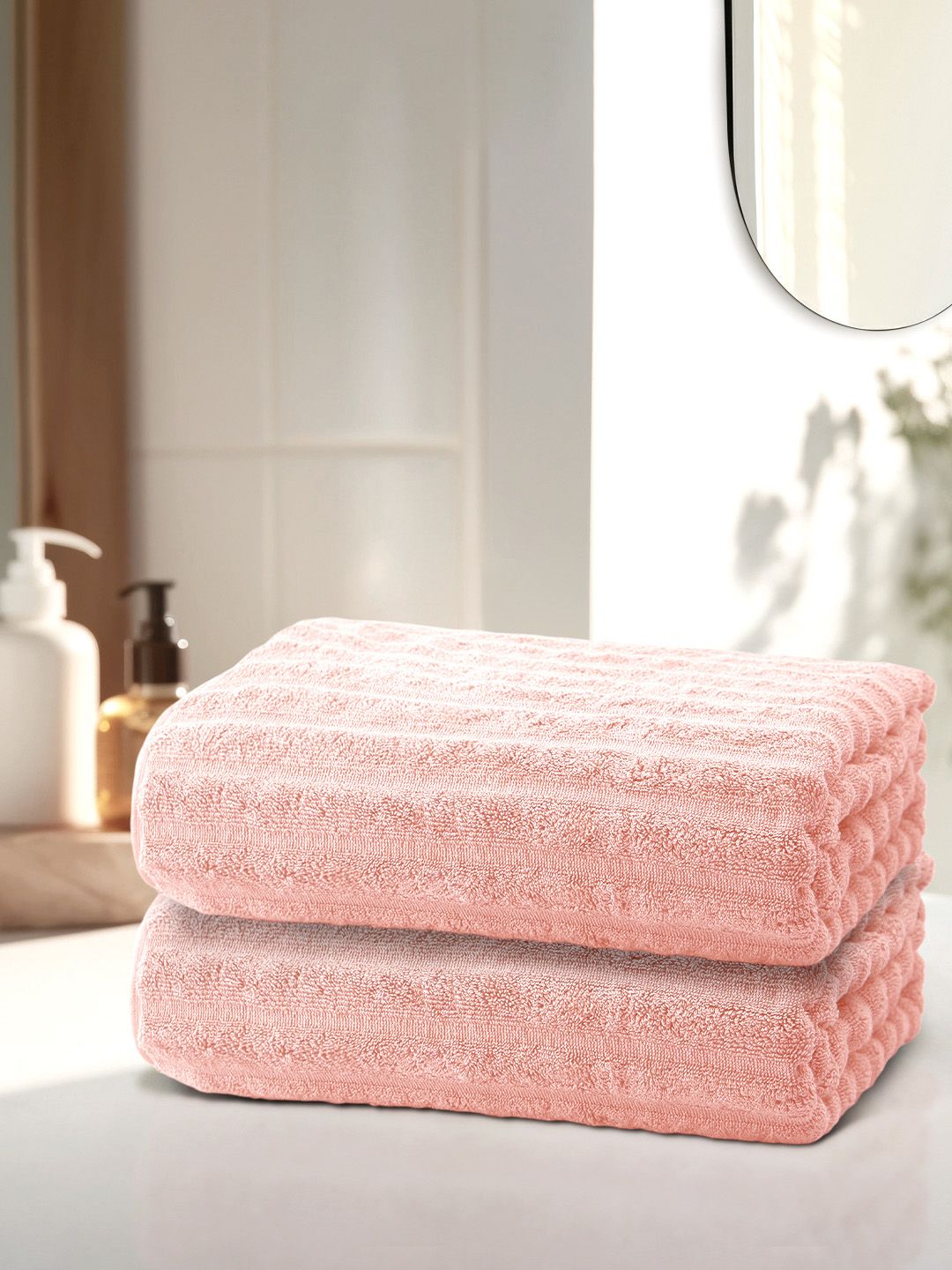 Anko Pink 670 GSM Pure Cotton Antibacteria Ribbed Texture Hand Towel Set of 2