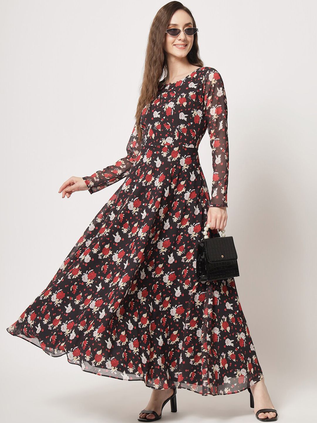BLACK SCISSOR Floral Printed Maxi Georgette Fit & Flared Dress Price in India