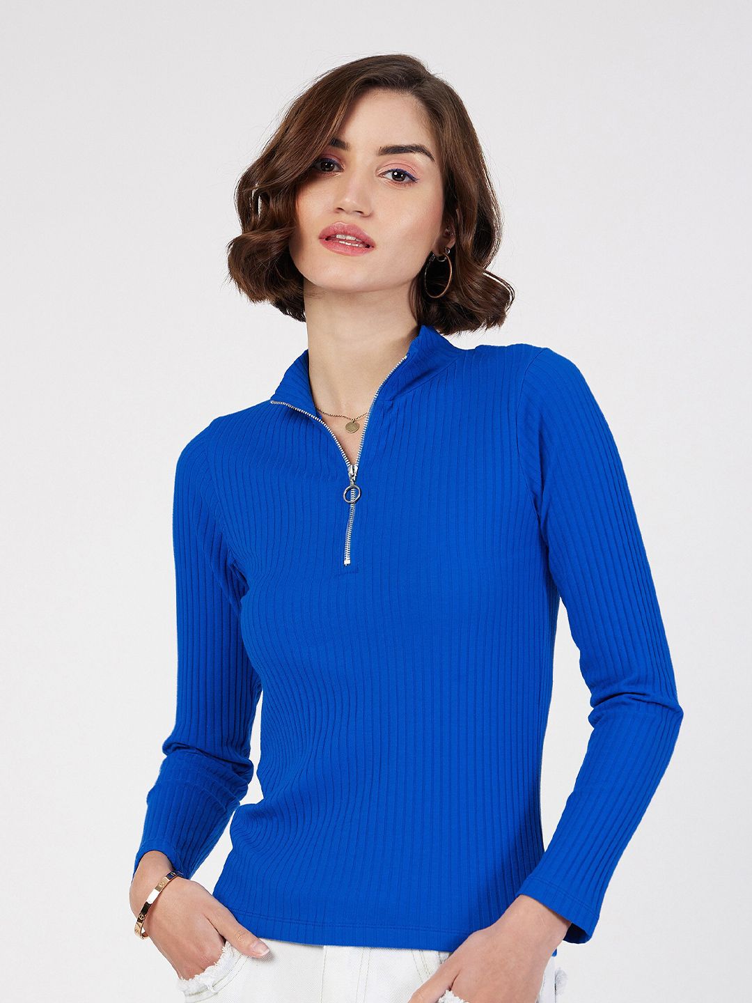 SASSAFRAS Blue Front Zipper Ribbed Top Price in India