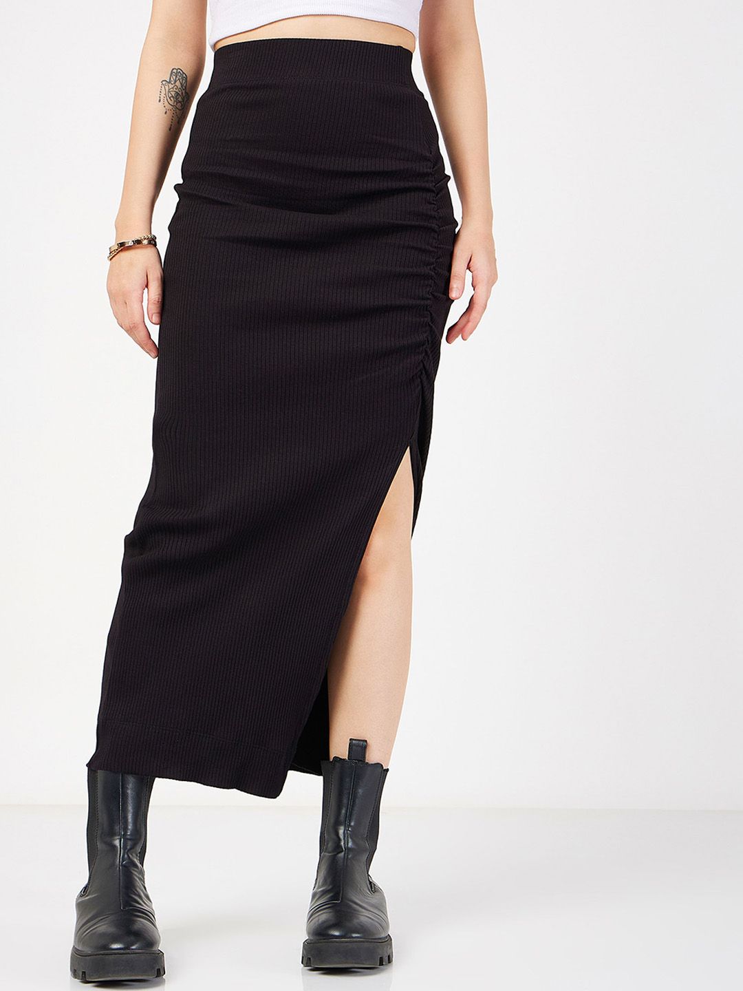 SASSAFRAS Ribbed Front Ruched Midi Skirt Price in India