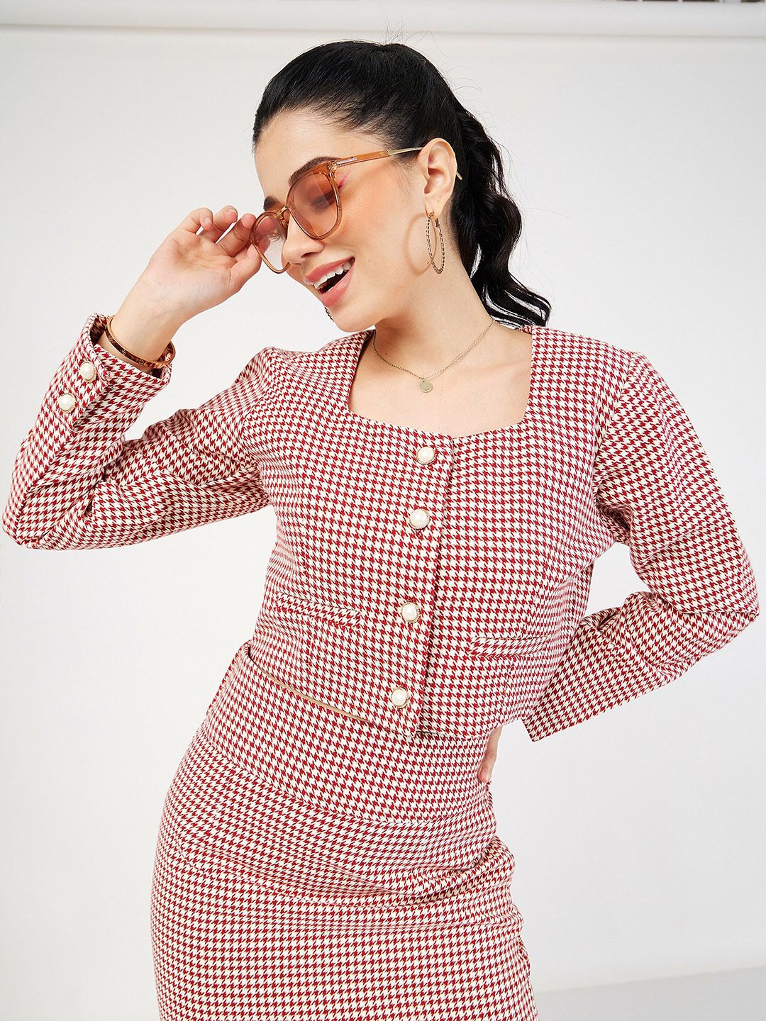 SASSAFRAS Red Checked Puff Sleeve Top Price in India