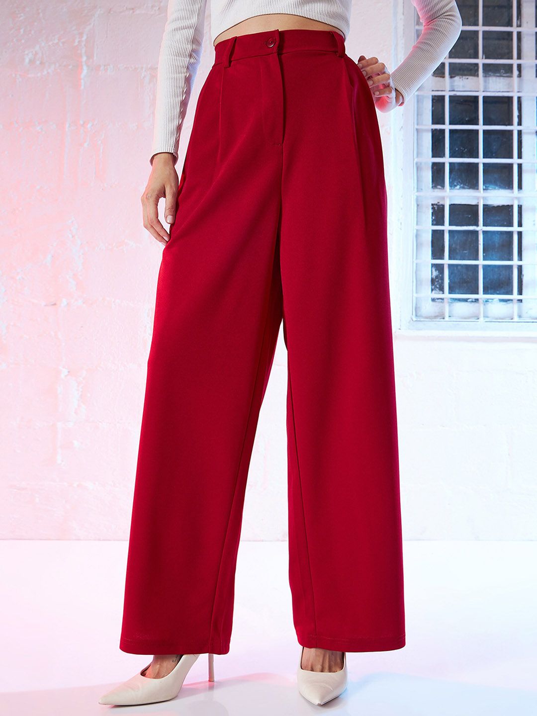 SASSAFRAS Women Red Loose Fit High-Rise Parallel Trousers Price in India