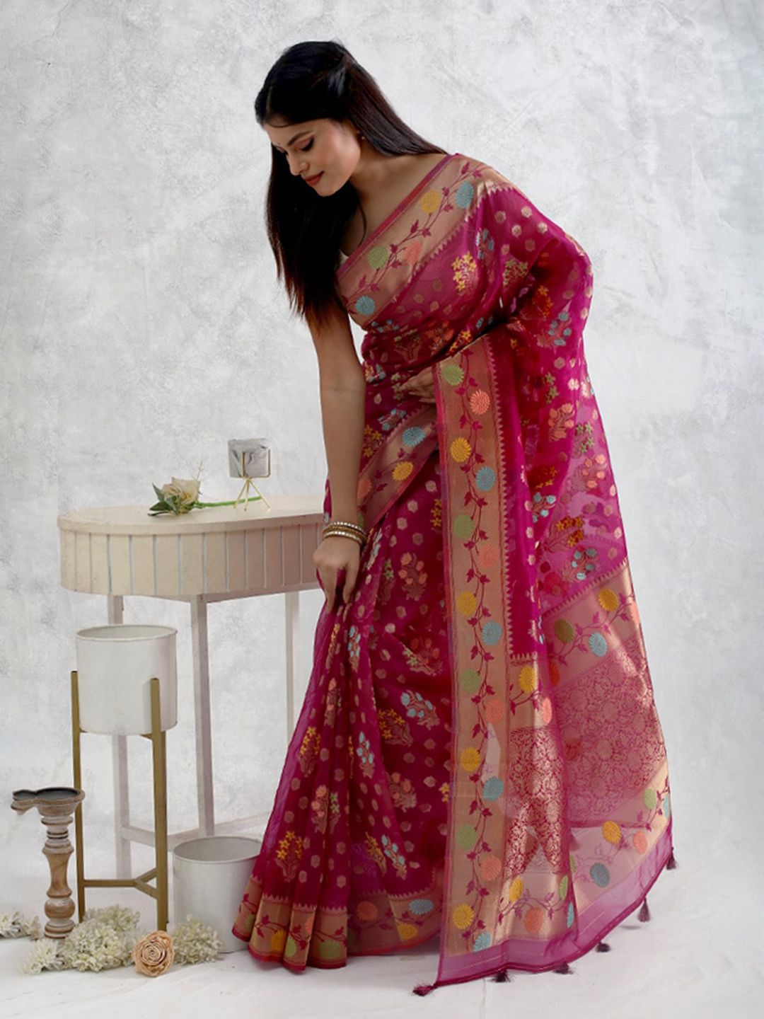 AllSilks Purple & Gold-Toned Woven Design Zari Organza Saree Price in India