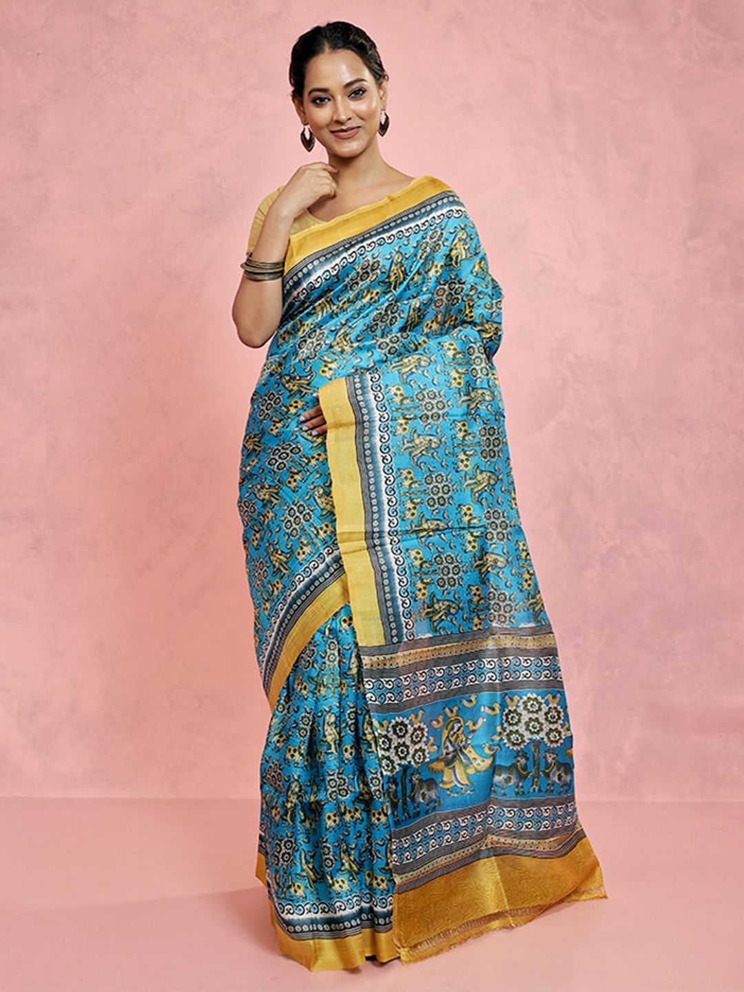 AllSilks Blue & Yellow Ethnic Motifs Pure Silk Saree Price in India