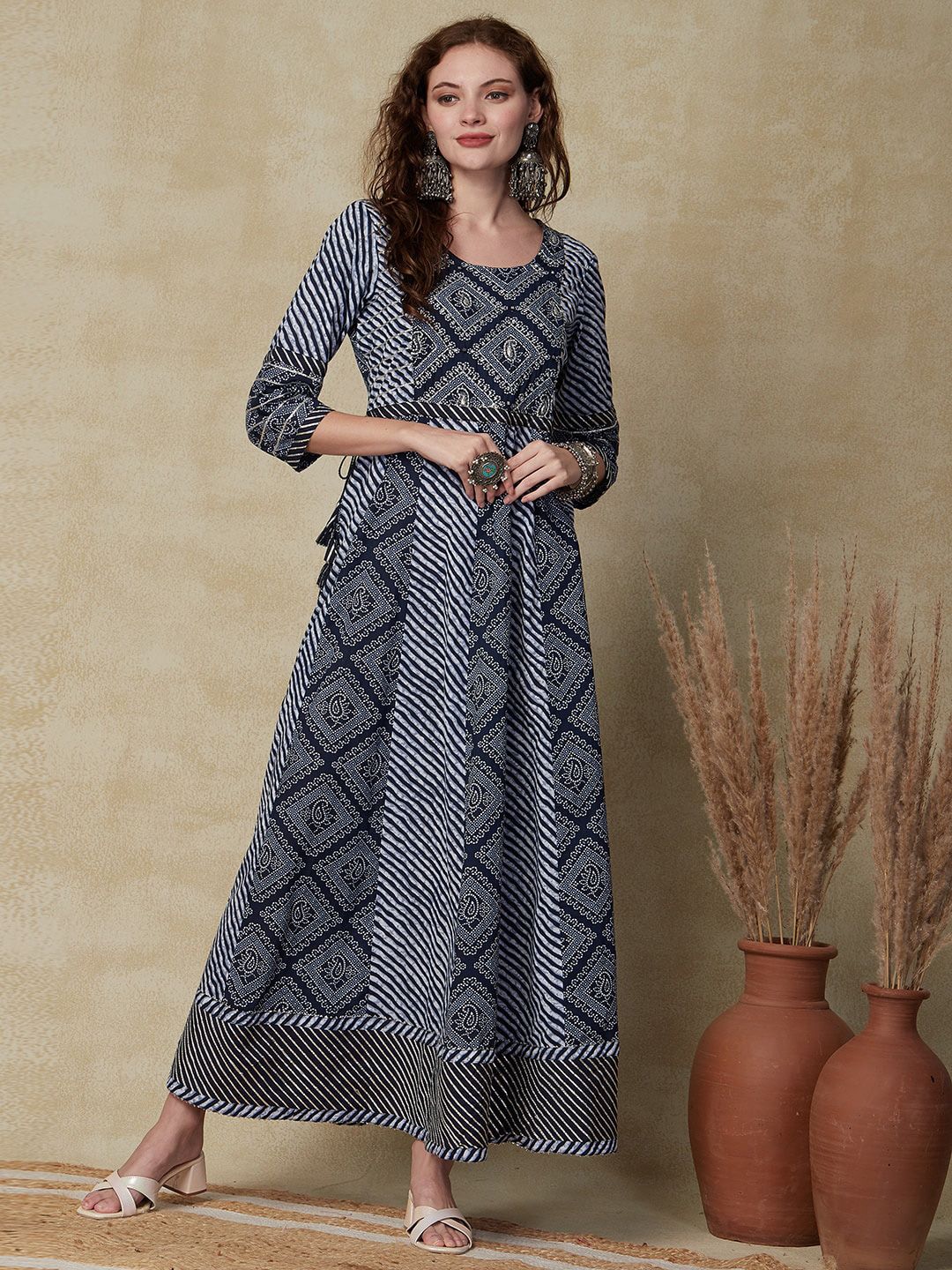 FASHOR Blue & White Ethnic Motifs Printed Embroidered Maxi Ethnic Dress Price in India