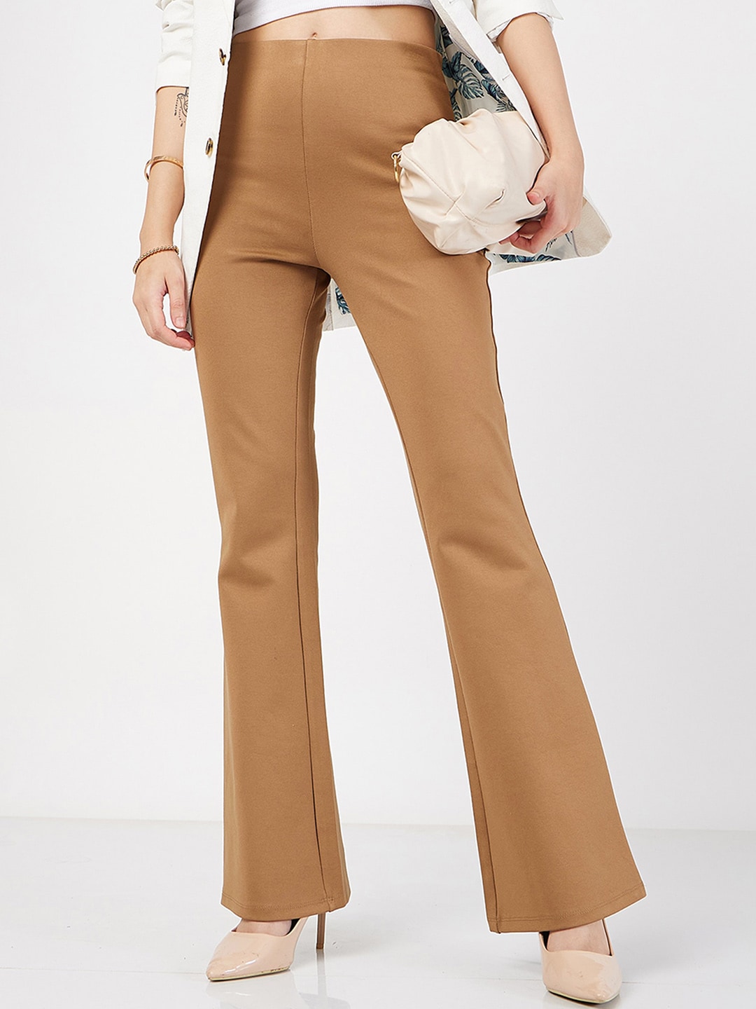 SASSAFRAS Women Beige Mid-Rise Slim Fit Bootcut Trousers Price in India