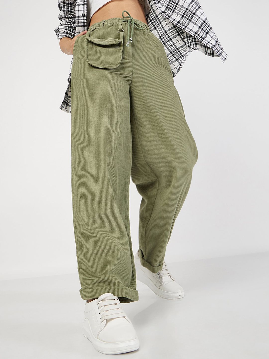 SASSAFRAS Women Olive Green Straight Fit Pure Cotton Parallel Trousers Price in India
