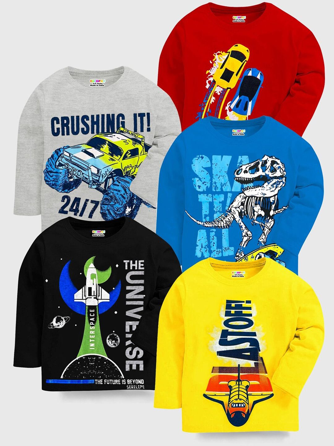 KUCHIPOO Boys Pack Of 5 Graphic Printed Cotton T-shirts