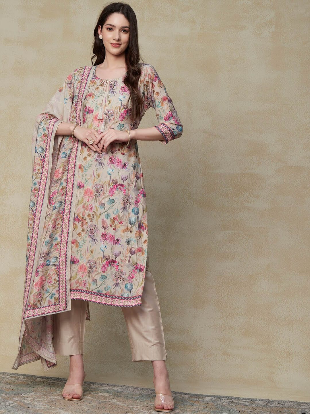 FASHOR Women Taupe Floral Printed Regular Sequinned Kurta with Trousers & With Dupatta Price in India