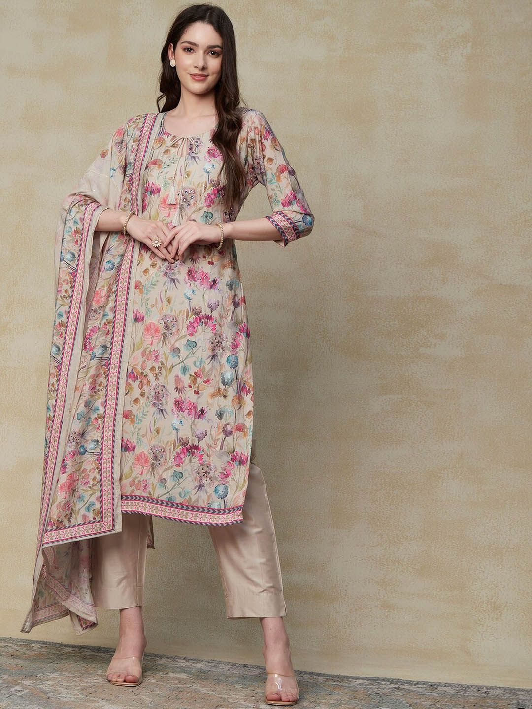 FASHOR Women Taupe Floral Printed Regular Sequinned Kurta with Trousers & With Dupatta Price in India