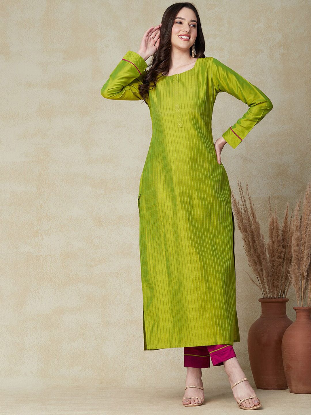 FASHOR Women Lime Green Regular Kurta with Trousers Price in India