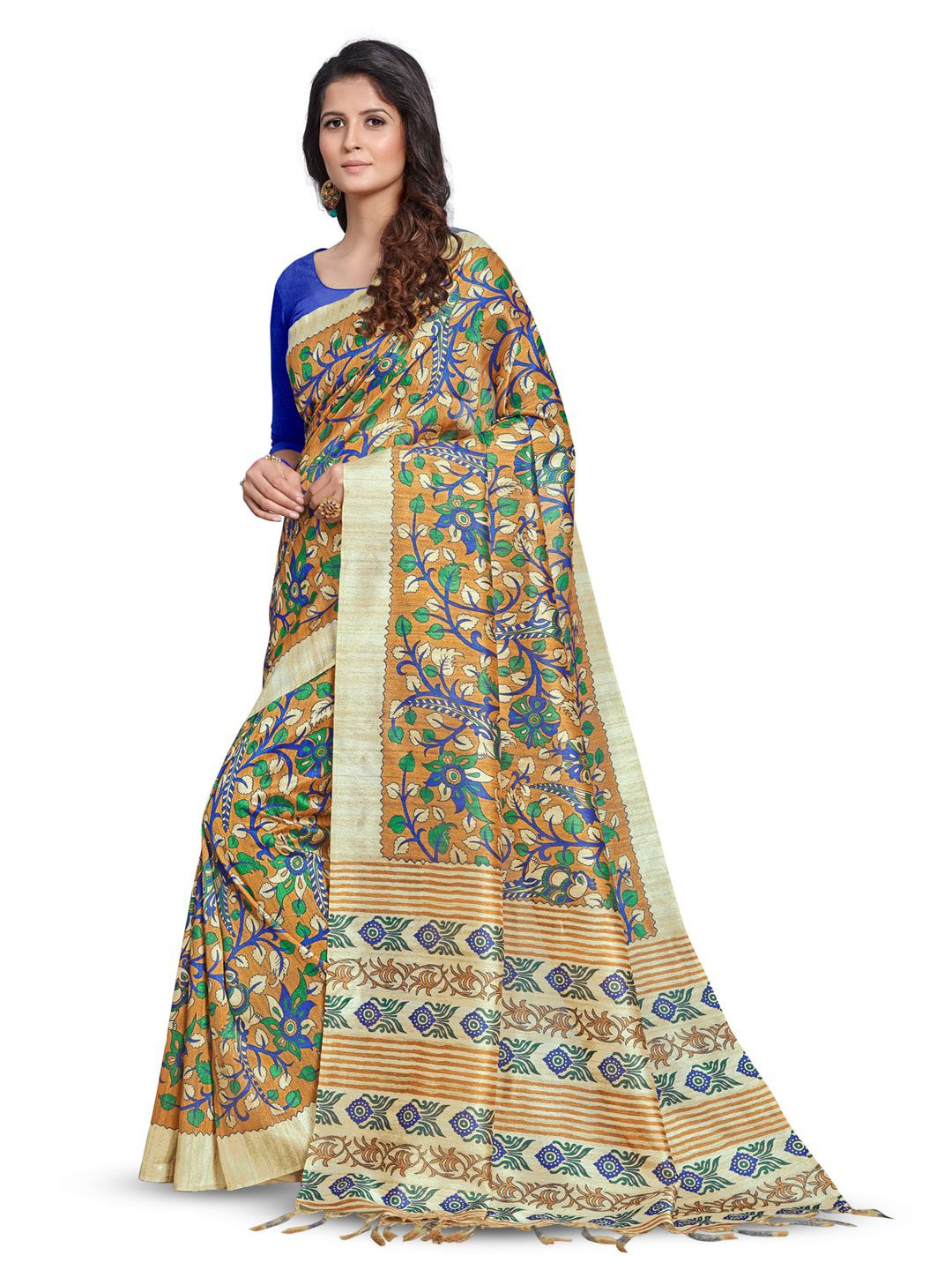 Anouk Mustard & Blue Ethnic Motifs Block Print Saree