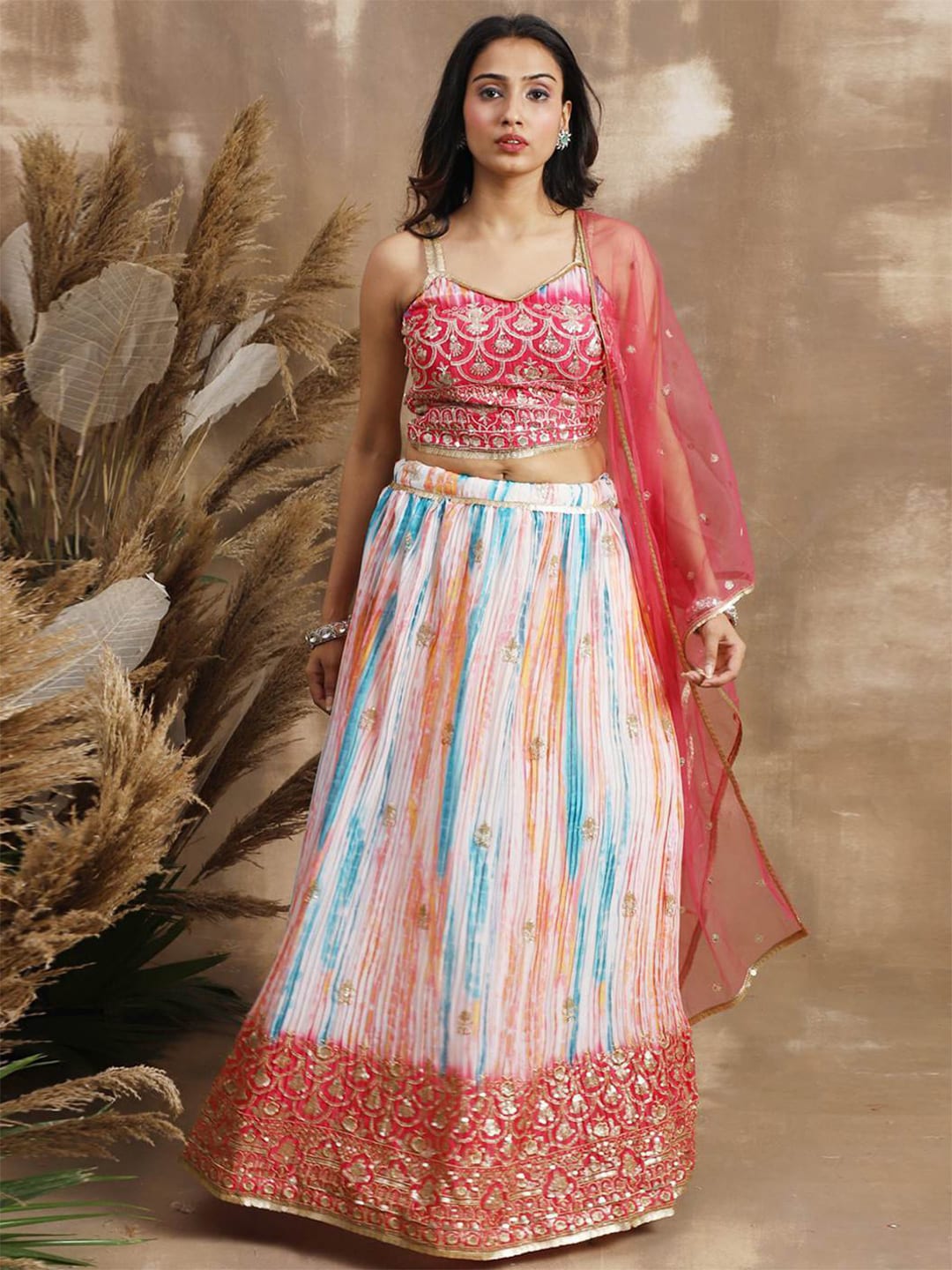 FABPIXEL Pink & White Embroidered Sequinned Semi-Stitched Lehenga & Unstitched Blouse With Dupatta Price in India