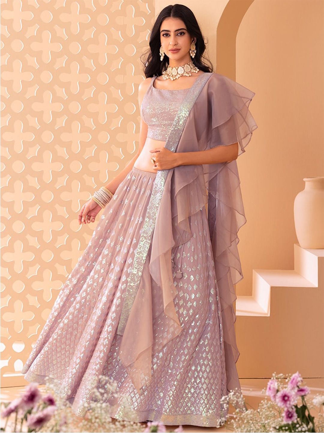 FABPIXEL Pink Embroidered Sequinned Semi-Stitched Lehenga & Unstitched Blouse With Dupatta