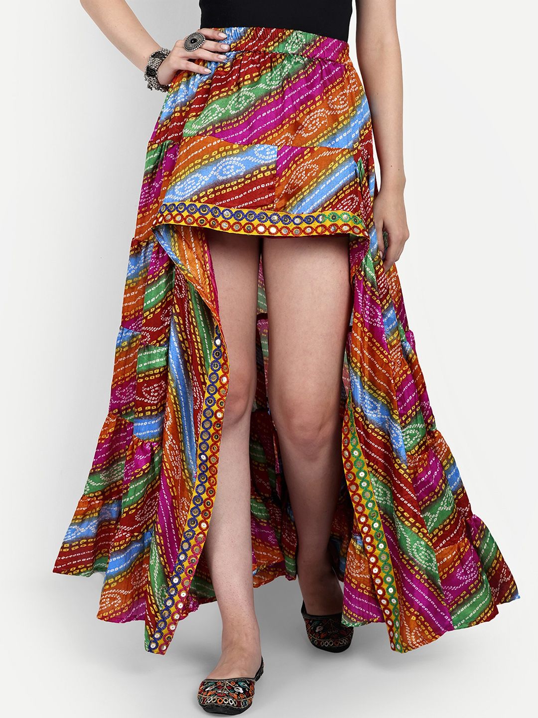 The BANJARA TRAIL Bandhani Printed High Low Flared Chiffon Maxi Skirt Price in India