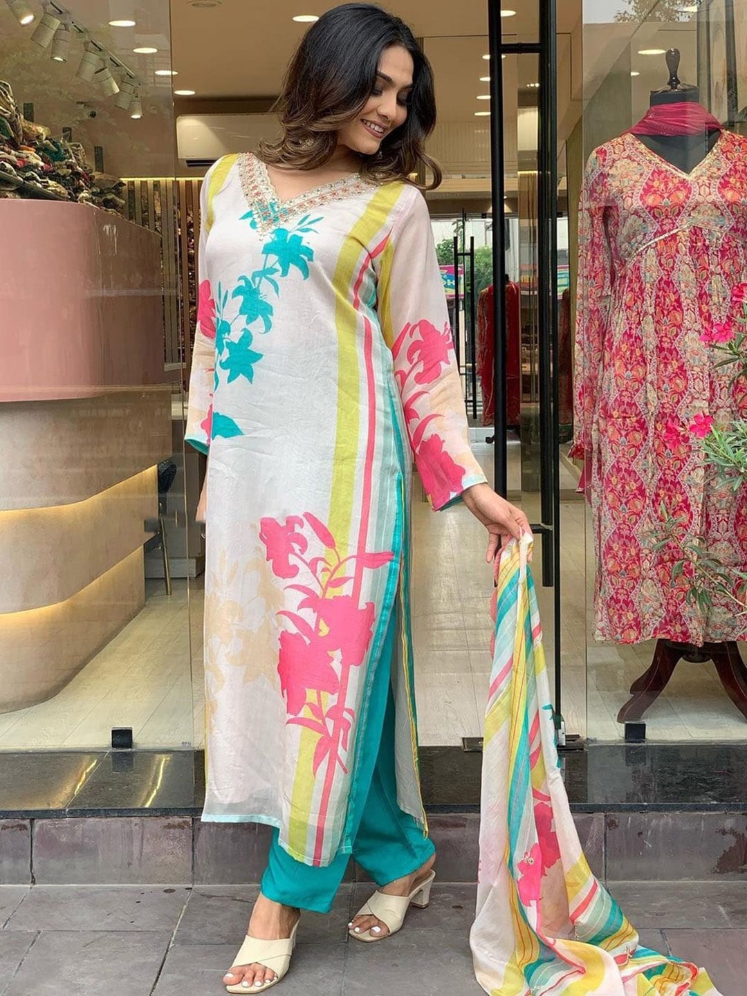 KALINI Floral Printed Thread Work Kurta & Trousers With Dupatta Price in India