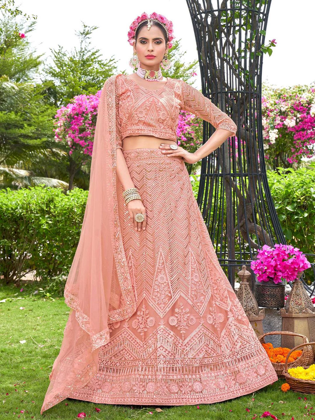 Panzora Peach-Coloured Embroidered Sequinned Semi-Stitched Lehenga & Blouse With Dupatta Price in India