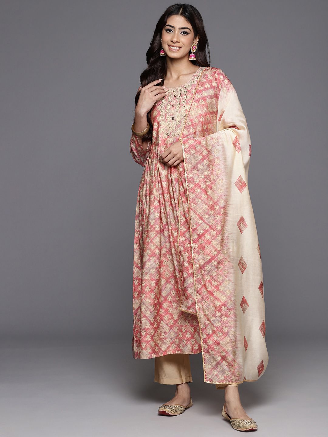 Libas Women Floral Printed Pleated Thread Work Kurta with Trousers & With Dupatta Price in India