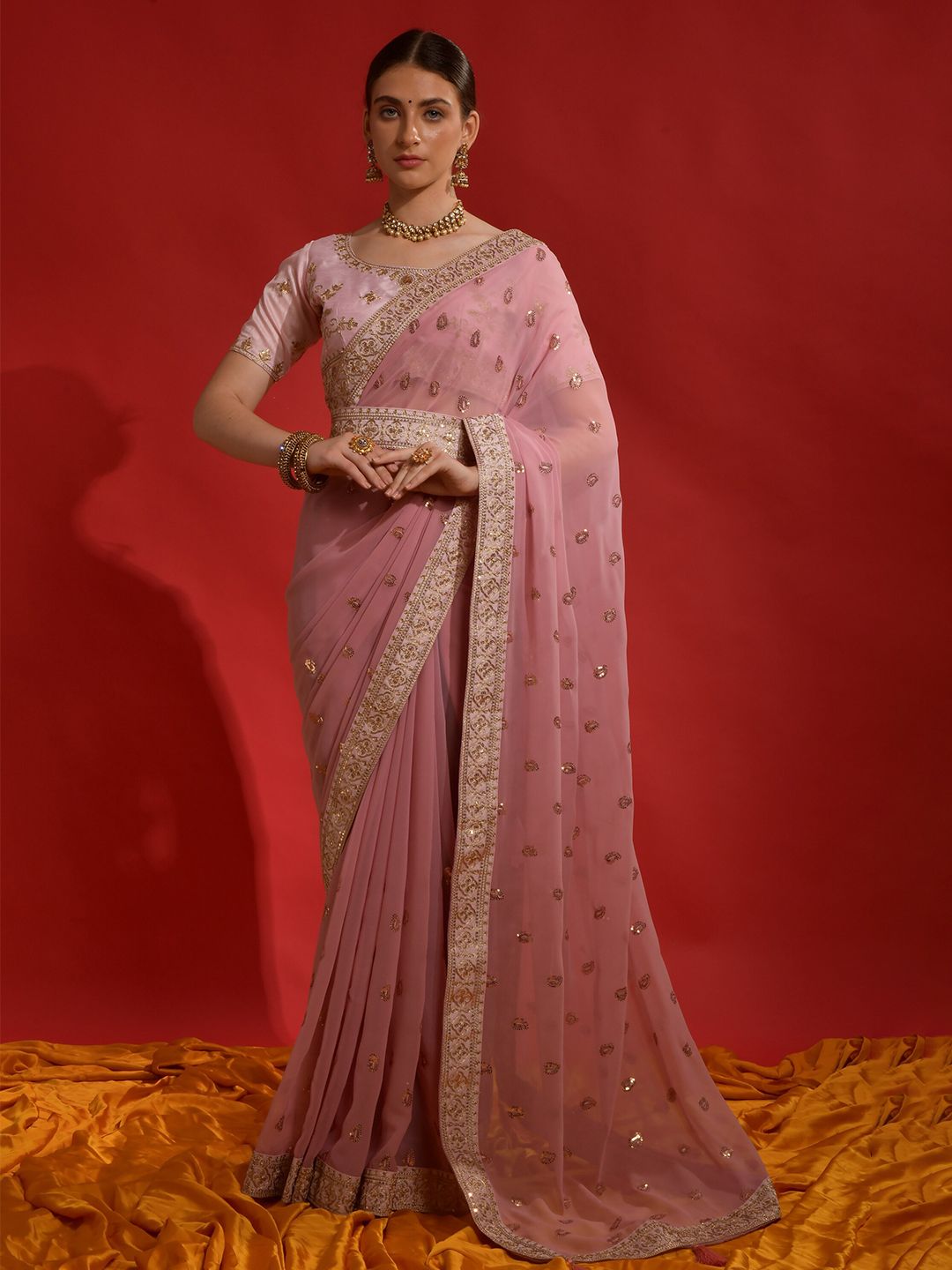 DWIZA ENTERPRISE Ethnic Motifs Embroidered Sequined Pure Georgette Saree