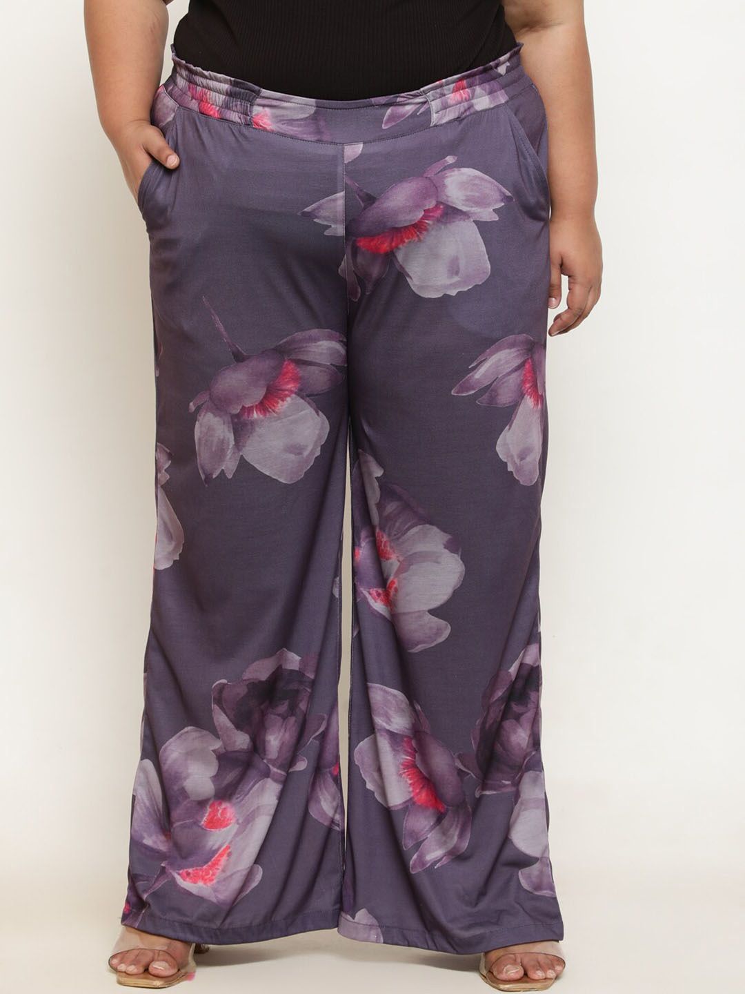 Amydus Women Plus Size Floral Printed Flared High-Rise Parallel Trousers Price in India