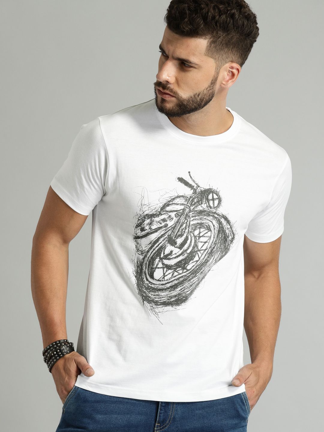 Roadster Men White Printed Round Neck T-shirt