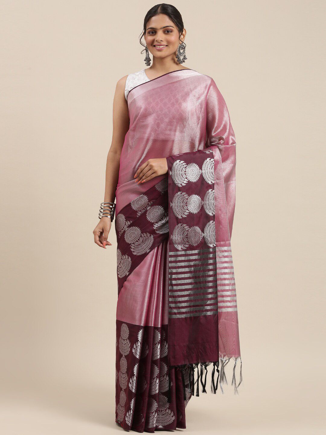 Humairah Pink & Magenta Woven Design Zari Silk Blend Kanjeevaram Saree Price in India