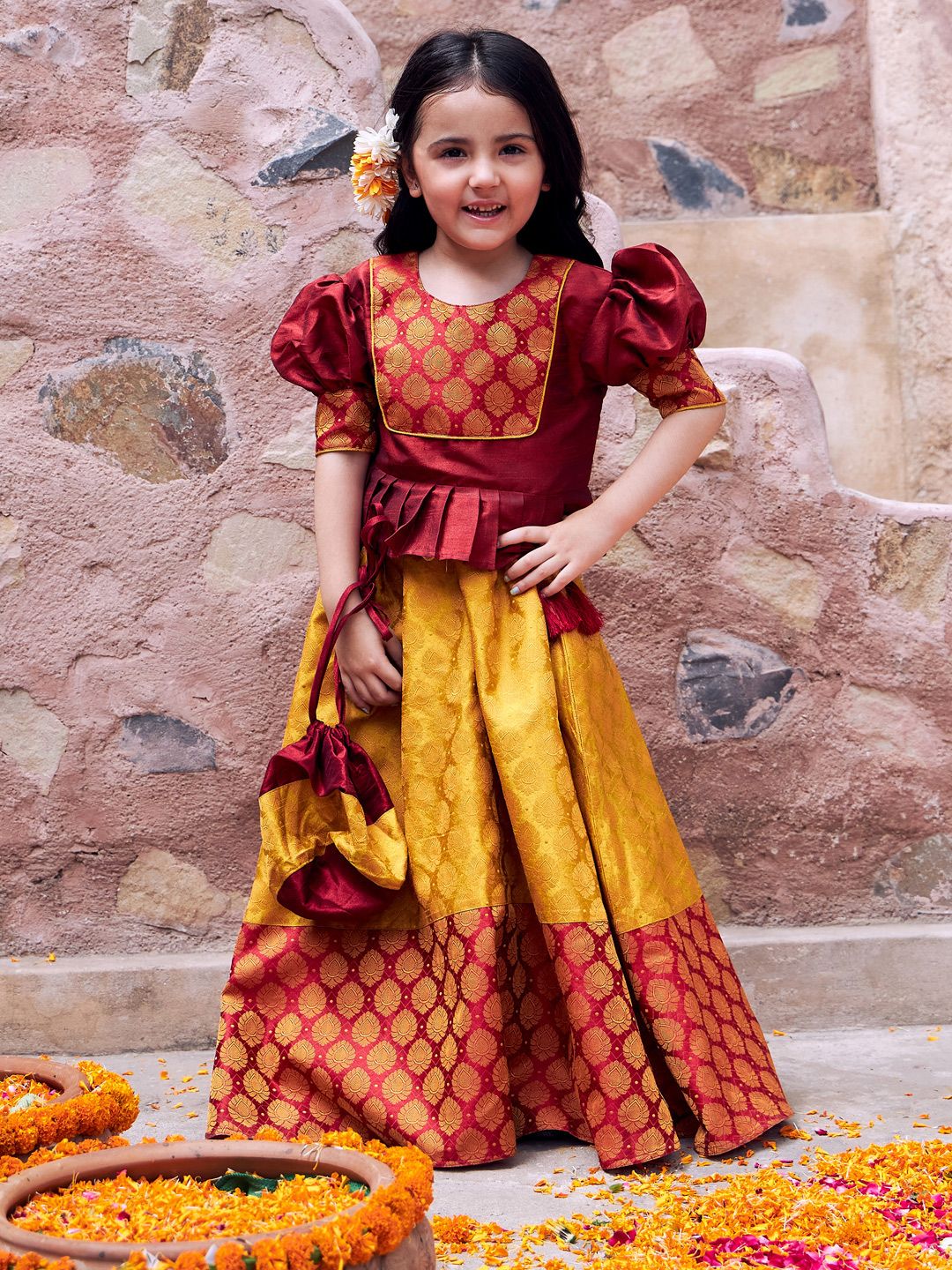 VASTRAMAY Girls Maroon & Yellow Ready to Wear Lehenga & Choli
