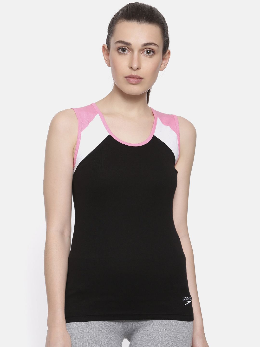 Speedo Women Black Solid Round Neck Pure Cotton T-shirt Price in India