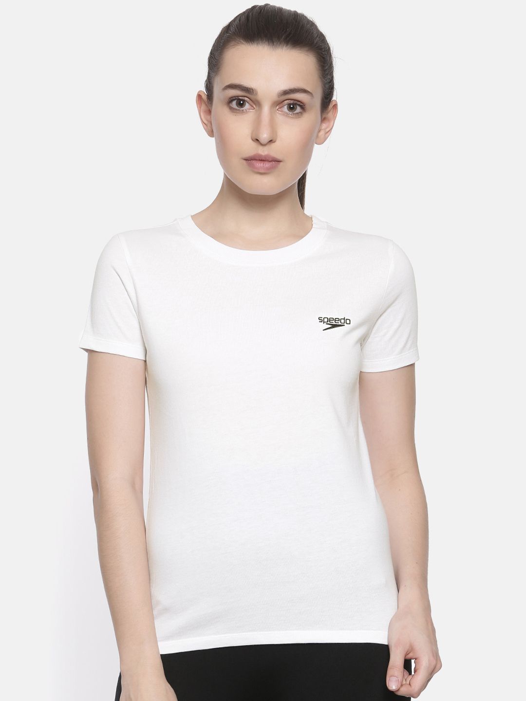 Speedo Women White Solid Round Neck Pure Cotton T-shirt Price in India