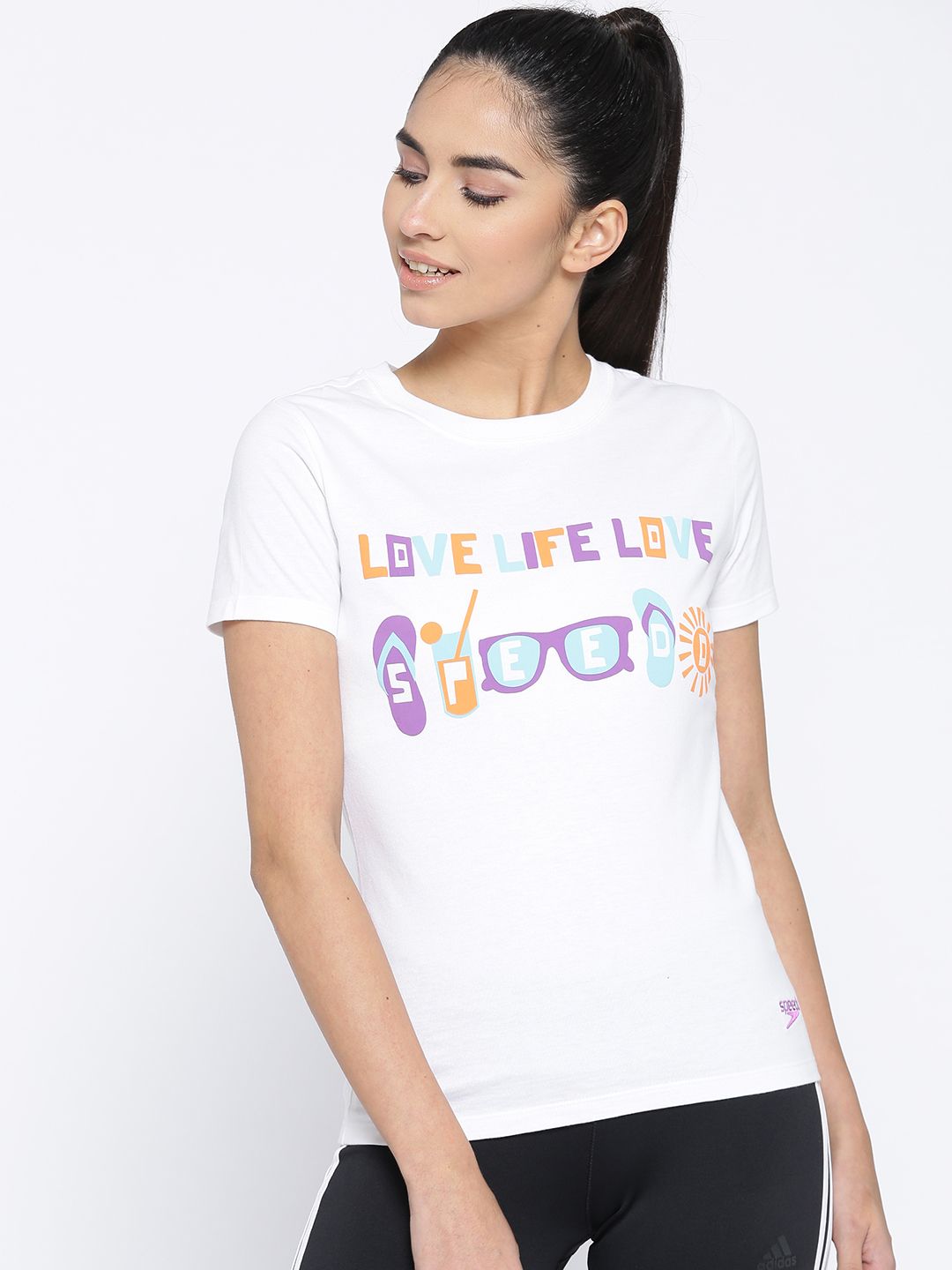 Speedo Women White Printed Round Neck T-shirt Price in India