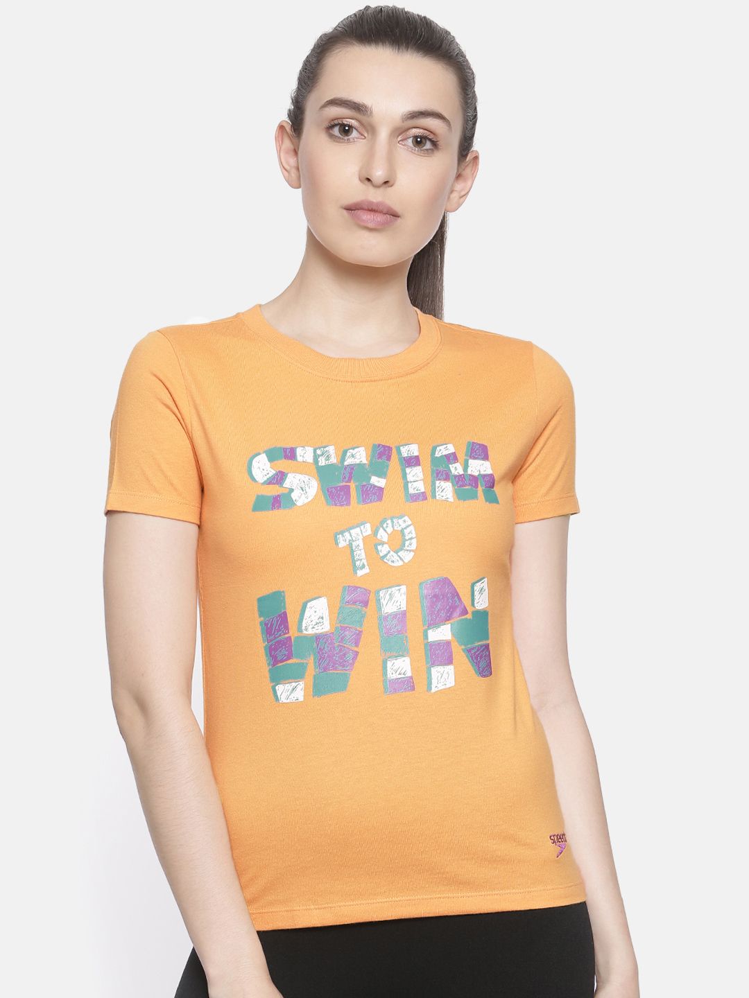 Speedo Women Orange Printed Round Neck T-shirt Price in India