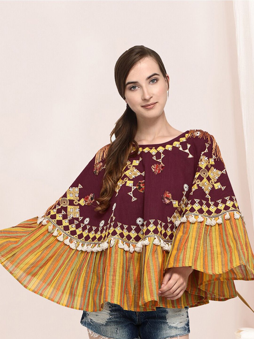 Selvia Floral Embroidered Cape Sleeves Cotton Cape Regular Top Price in India