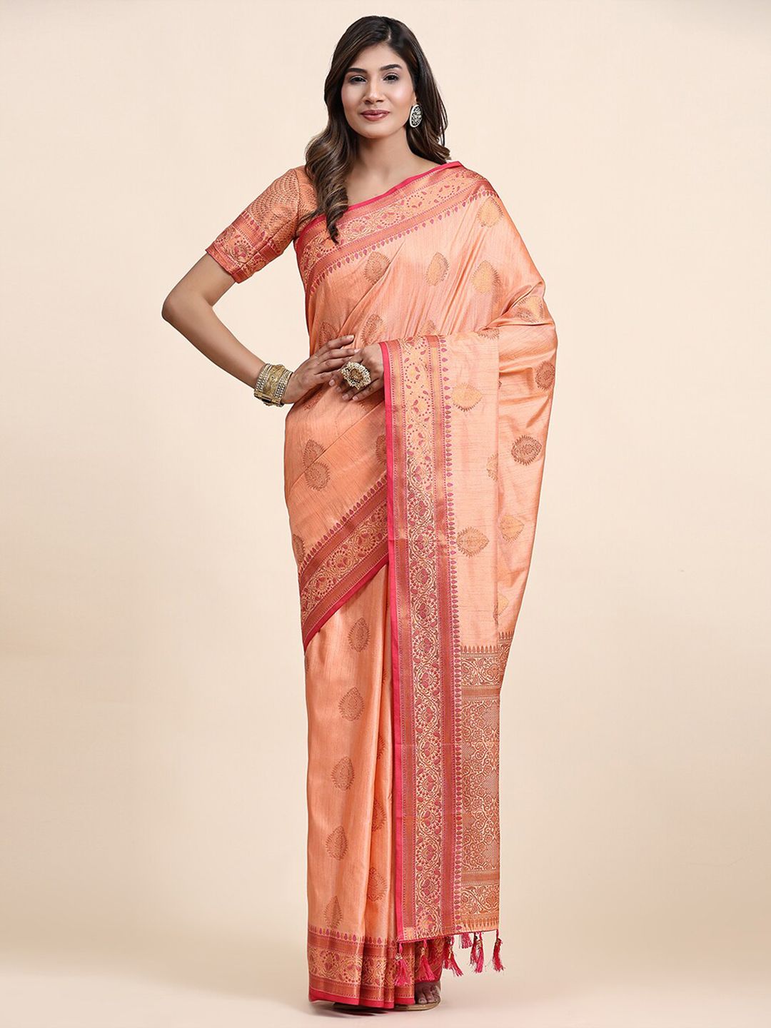 MARGI DESIGNERS Orange & Gold-Toned Woven Design Zari Silk Cotton Kanjeevaram Saree Price in India